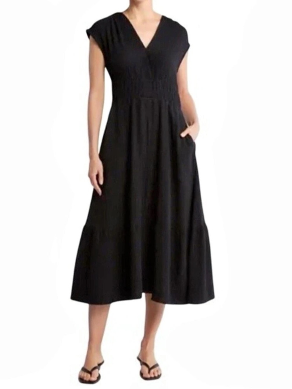 Joe’s Jeans Black Cotton Gauze Midi Dress V-Neck Pockets M